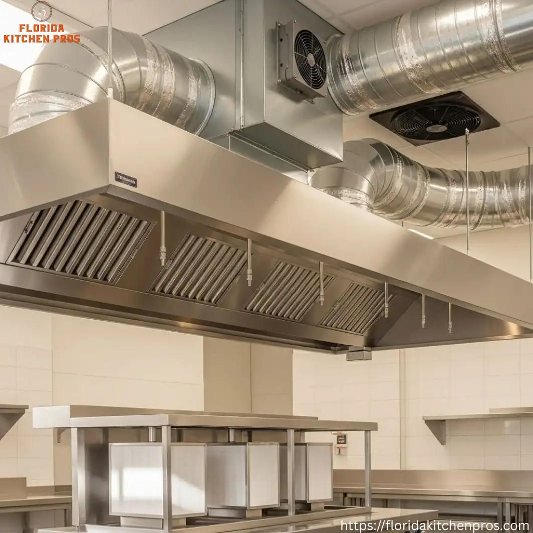 Industrial exhaust hood with ductwork in commercial kitchen.