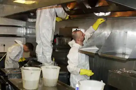 Team of professionals cleaning commercial kitchen surfaces in Florida.