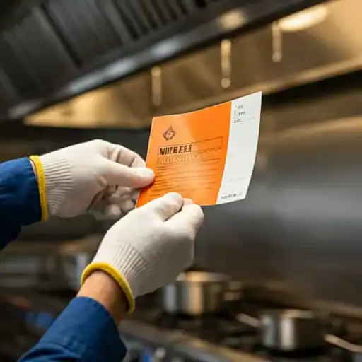 Person holding a kitchen safety inspection tag in a commercial kitchen.