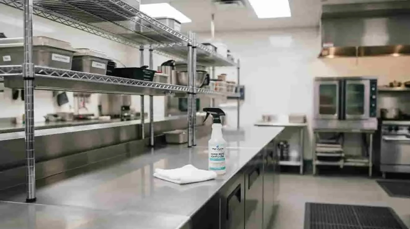 Staff sanitizing and wiping kitchen walls and surfaces
