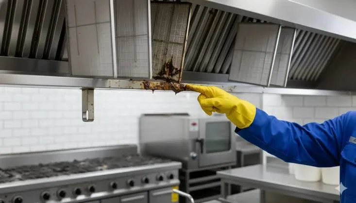 Crew cleaning a commercial kitchen exhaust hood canopy